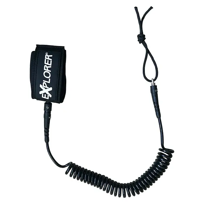 Explorer SUP-Board-Set Sunshine 10.0 - L x B x H: 305 x 81 x 15 cm, Nutzlast: 150 kg, Aufblasbar, Blau/Weiß - Schwarze Explorer-Knöchelmanschette mit spiralförmiger Leine, ideal zum Stand-Up-Paddling oder Surfen.