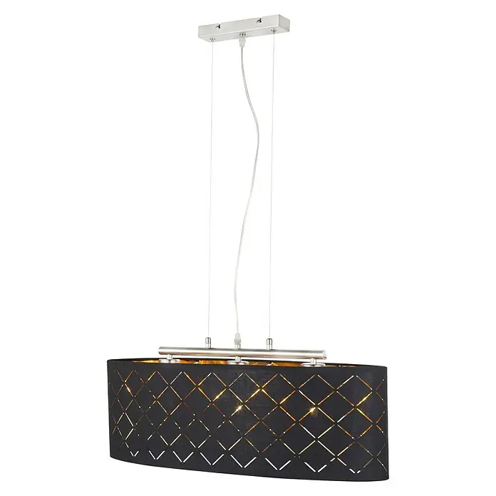 Globo Clarke PendelleuchteL x B x H: 65 x 25 x 140 cm, Schwarz, Gold - Elegante, längliche Pendelleuchte mit schwarzem Lampenschirm und filigranem, rautenförmigem Muster für stimmungsvolle Beleuchtung im Raum.