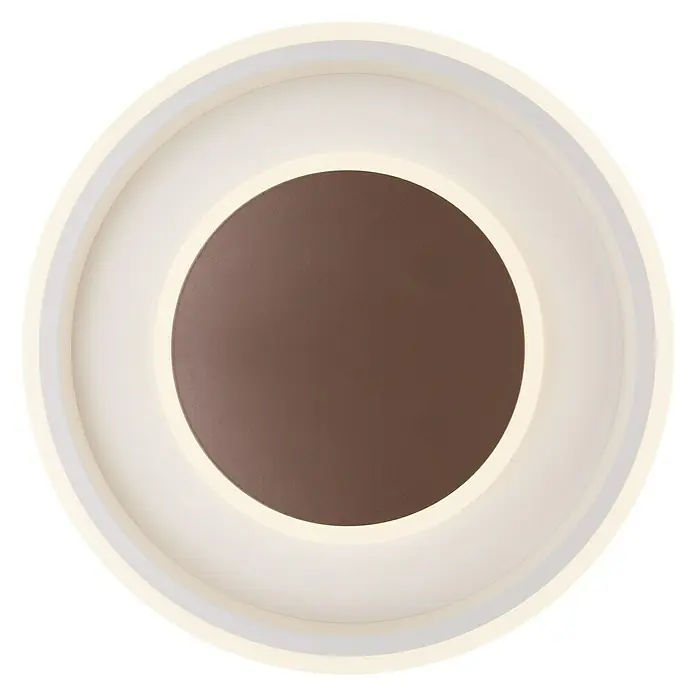 Globo LED-Deckenleuchte rund Goffi - 40 W, Ø x H: 50 x 9 cm, Weiß, Braun - Nahaufnahme einer runden Deckenleuchte mit brauner Mitte und weißem Rahmen, die ein modernes und elegantes Design aufweist.