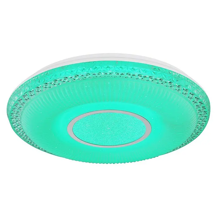 Globo LED-Deckenleuchte rund Klemens - 40 W, Ø x H: 500 mm x 9 cm, Chrom - Nahaufnahme einer runden LED-Deckenleuchte mit grünem Licht und dekorativen Elementen.