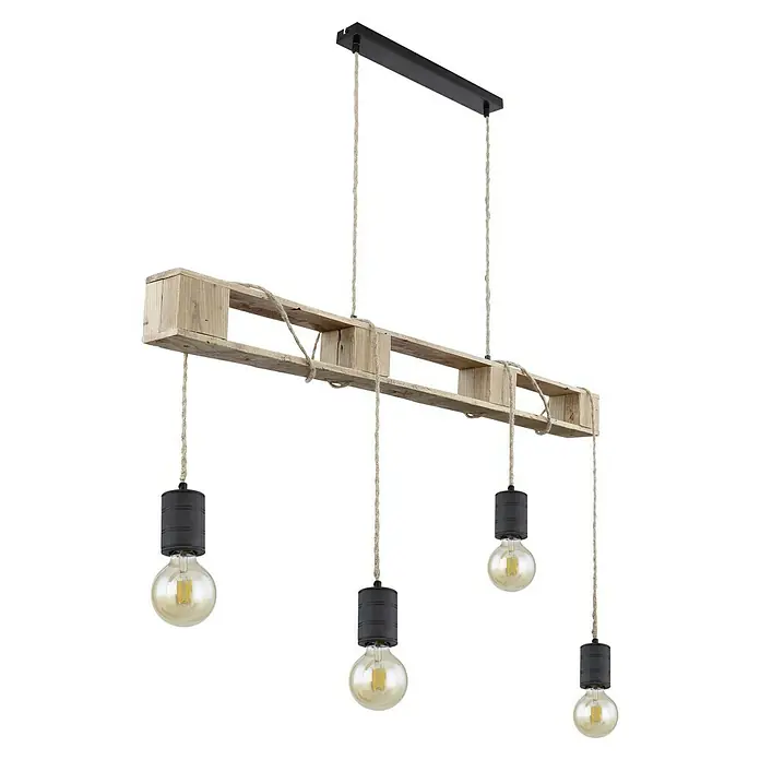 Globo Pendelleuchte Joelle - Höhe: 120 cm - Rustikale Pendelleuchte aus Holzpalette mit vier Glühbirnen an Seilen, ideal für Vintage- oder Industrie-Dekor.