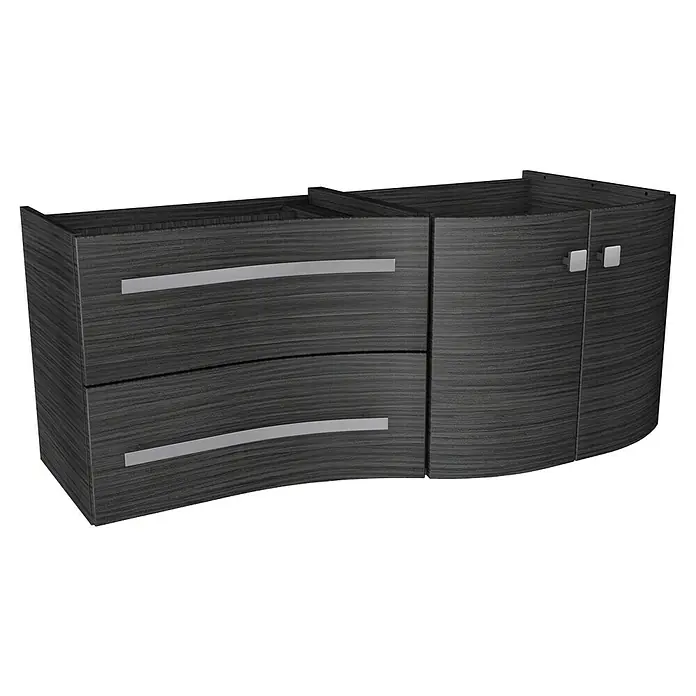 Badmöbel-Set WAV12D2RE - Gesamtbreite Badmöbel: 120 cm, Dark Oak, Matt, DIN Anschlag: Rechts - Elegantes Badezimmer-Waschbeckenunterschrank in dunklem Holzdesign mit geschwungenen Schubladen und stilvollen Metallgriffen für ein modernes Ambiente.