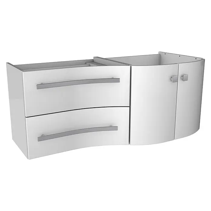 Badmöbel-Set WAV12W2RE - Gesamtbreite Badmöbel: 120 cm, Weiß, Hochglänzend, DIN Anschlag: Rechts - Das Bild zeigt einen weißen Badezimmerschrank mit Schubladen und Türen, der ein elegantes und modernes Design aufweist.