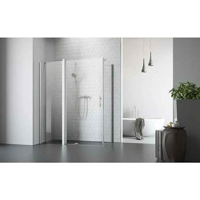 Camargue Vario Eckdusche S1+S16+S5 - 75 x 135 x 195 cm, Beschichtet, Silber, Glasstärke: 6 mm - Das Bild zeigt eine moderne Duschkabine mit klaren Glaswänden und minimalistischen Beschlägen in einem stilvollen Badezimmer.