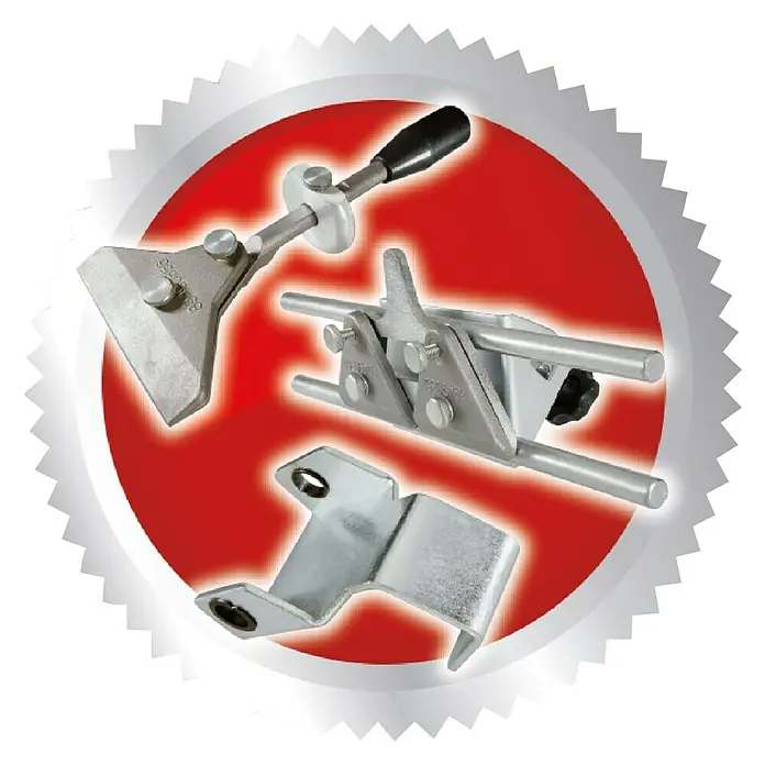 Scheppach Zubehör-Set - 3 -tlg., Passend für: Scheppach Nass-Schleifmaschine TiGer 2000 S - Das Bild zeigt ein Werkzeugschärfset mit einer Führung, einer Klemme und einer Halterung. Ideal für präzises Schleifen von Werkzeugen.
