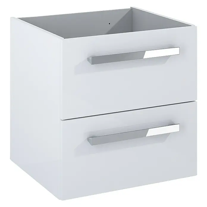 Riva Vulcano Waschtischunterschrank - 51,6 x 46 x 52 cm, Weiß, Hochglänzend - Produktbild eines weißen Badezimmer-Unterschranks mit zwei Schubladen und silbernen Griffen.
