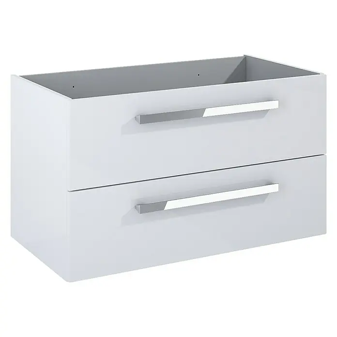 Riva Vulcano Waschtischunterschrank - 91,6 x 46 x 52 cm, Weiß, Hochglänzend - Ein moderner Badezimmerschrank mit zwei Schubladen und eleganten Griffen in Silber. Der Schrank ist in schlichtem Weiß gehalten.