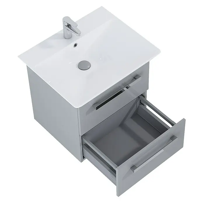 Inspira Ablaufventil - 1 ¼″, Light Grey, Mit Druckknopf - Ein moderner Waschtisch mit einem offenen Schubfach, ideal für stilvolle Badezimmer.