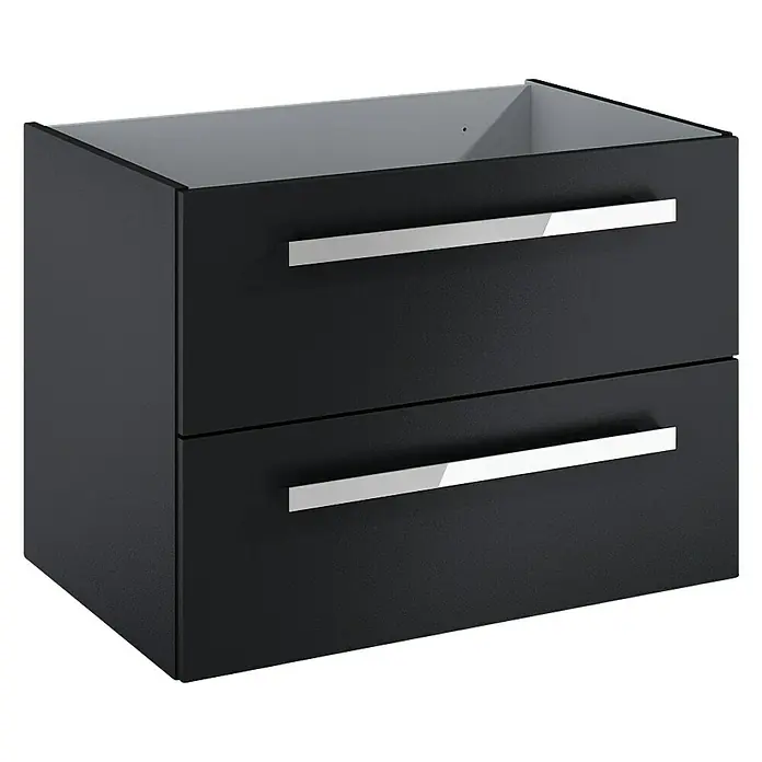 Riva Vulcano Waschtischunterschrank - 71,6 x 46 x 52 cm, Schwarz, Matt - Bild eines modernen schwarzen Badezimmerunterschranks mit zwei Schubladen und glänzenden, rechteckigen Griffen.