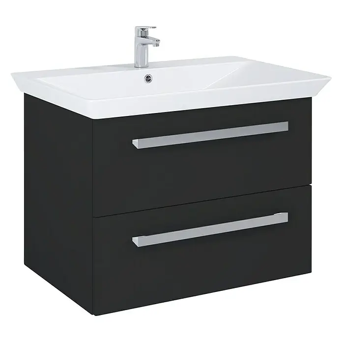 Riva Vulcano Waschtischunterschrank - 71,6 x 46 x 52 cm, Schwarz, Matt - Schwarzer Waschtisch mit zwei Schubladen und einem weißen Waschbecken. Ein moderner Blickfang für jedes Badezimmer.