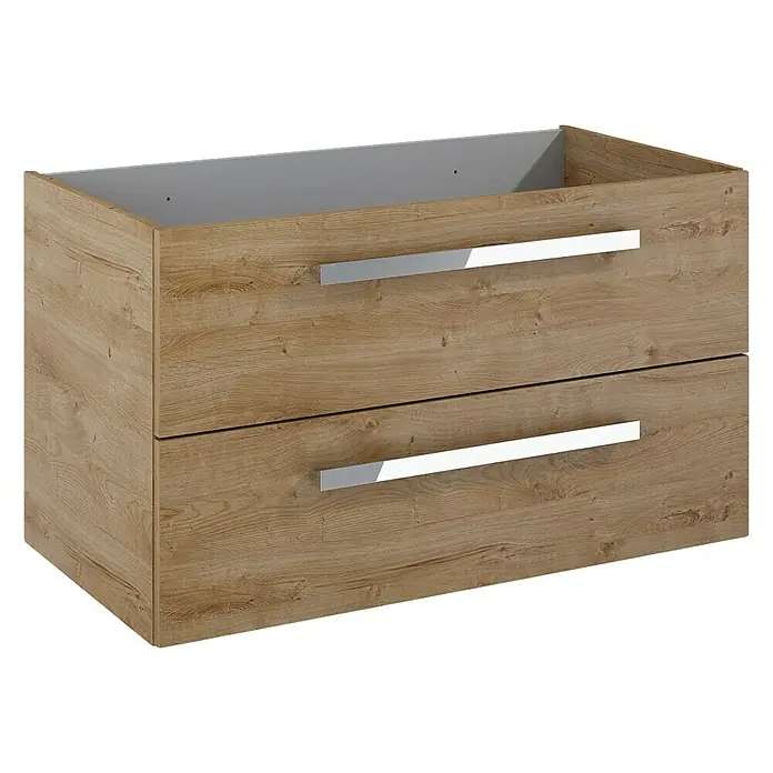 Riva Vulcano Waschtischunterschrank - 91,6 x 46 x 52 cm, Eiche, Matt - Hängender Waschtischunterschrank mit zwei Schubladen und eleganten Griffen in Holzoptik für ein stilvolles Badezimmer.