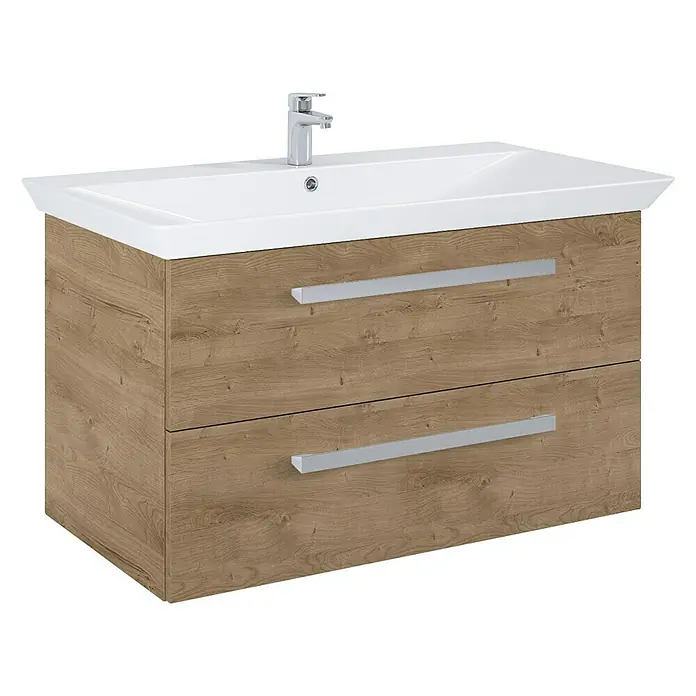 Riva Vulcano Waschtischunterschrank - 91,6 x 46 x 52 cm, Eiche, Matt - Elegantes Waschtisch-Set mit zwei Schubladen in Holzoptik und einem modernen, weißen Waschbecken mit Armatur für das Badezimmer.