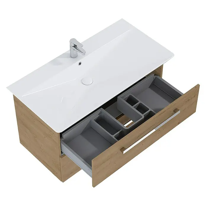 Riva Vulcano Waschtischunterschrank - 91,6 x 46 x 52 cm, Eiche, Matt - Badezimmermöbel mit Waschbecken und Schublade. Der Schubladenschrank bietet praktischen Stauraum im Badezimmer.