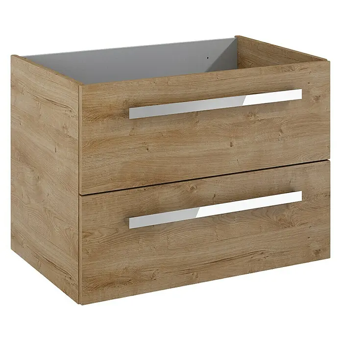 Riva Vulcano Waschtischunterschrank - 71,6 x 46 x 52 cm, Eiche, Matt - Ein Waschbeckenunterschrank aus hellem Holz mit zwei Schubladen und silbernen Griffen. Praktisch und stilvoll für jedes Badezimmer.