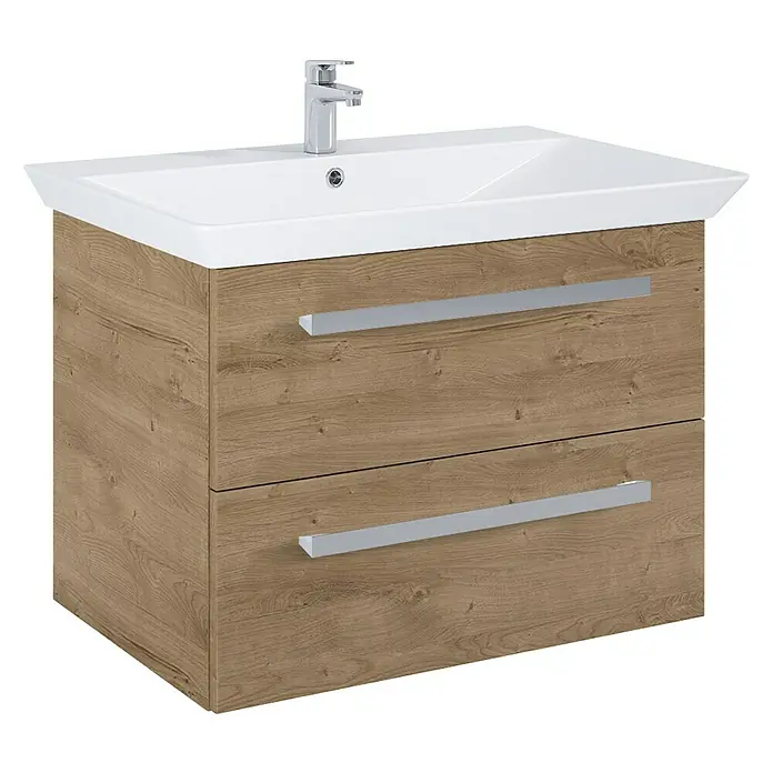 Riva Vulcano Waschtischunterschrank - 71,6 x 46 x 52 cm, Eiche, Matt - Ein Waschbeckenunterschrank in Holzoptik mit zwei Schubladen und einem Aufsatzwaschbecken aus Keramik. Moderne Badezimmereinrichtung.