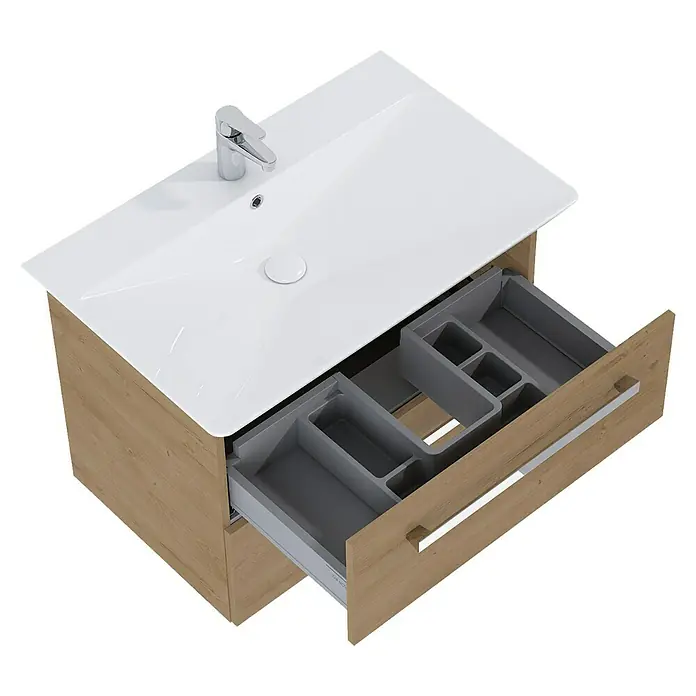 Riva Vulcano Waschtischunterschrank - 71,6 x 46 x 52 cm, Eiche, Matt - Ein Waschbeckenunterschrank mit offenem Schubladen bietet optimalen Stauraum und Ordnung im Badezimmer. Das moderne Design fügt sich nahtlos ein.