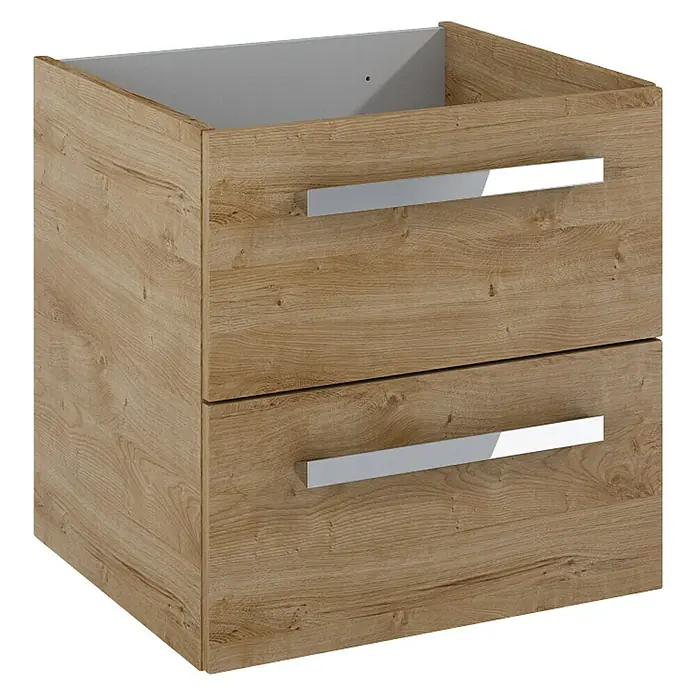 Riva Vulcano Waschtischunterschrank - 51,6 x 46 x 52 cm, Eiche, Matt - Holzfarbener Waschbeckenunterschrank mit zwei Schubladen und glänzenden, silberfarbenen Griffen.