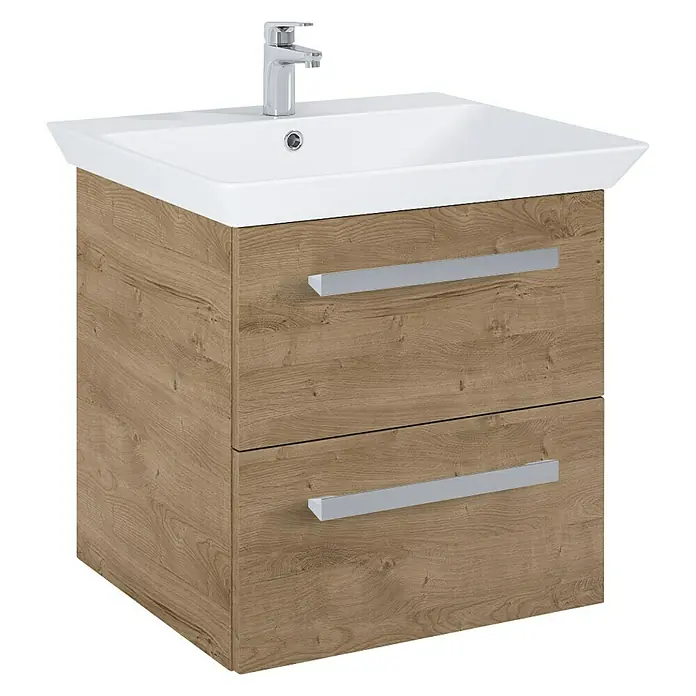 Riva Vulcano Waschtischunterschrank - 51,6 x 46 x 52 cm, Eiche, Matt - Ein moderner Waschtisch mit zwei Schubladen in Holzoptik und einem weißen Aufsatzwaschbecken mit Armatur für das Badezimmer.
