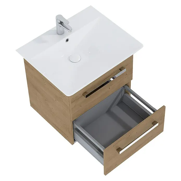 Riva Vulcano Waschtischunterschrank - 51,6 x 46 x 52 cm, Eiche, Matt - Bild eines Waschtischs mit offenem Schubfach und modernem Design auf schwarzem Hintergrund.