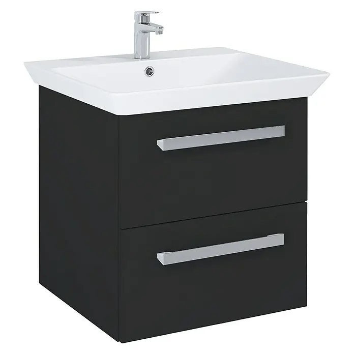 Riva Vulcano Waschtischunterschrank - 51,6 x 46 x 52 cm, Schwarz, Matt - Dieses Bild zeigt einen modernen, schwarzen Waschbeckenunterschrank mit zwei Schubladen und einem weißen Waschbecken mit Armatur.
