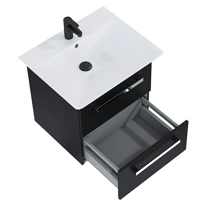 Riva Vulcano Waschtischunterschrank - 51,6 x 46 x 52 cm, Schwarz, Matt - Bild eines modernen Waschtisches in Schwarz mit offener Schublade, mit weißem Waschbecken und Armatur.