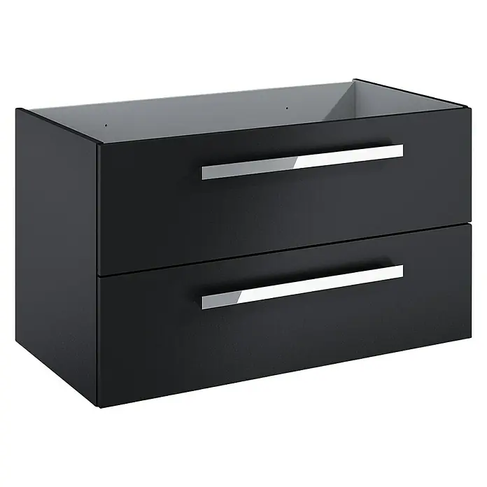 Riva Vulcano Waschtischunterschrank - 91,6 x 46 x 52 cm, Schwarz, Matt - Schwarzer Waschtischunterschrank mit zwei Schubladen und Chromgriffen für moderne Badezimmergestaltung.