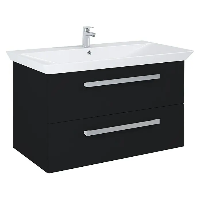Riva Vulcano Waschtischunterschrank - 91,6 x 46 x 52 cm, Schwarz, Matt - Elegantes Waschbecken mit schwarzem Unterschrank und zwei Schubladen mit silbernen Griffen für ein modernes Badezimmerdesign.