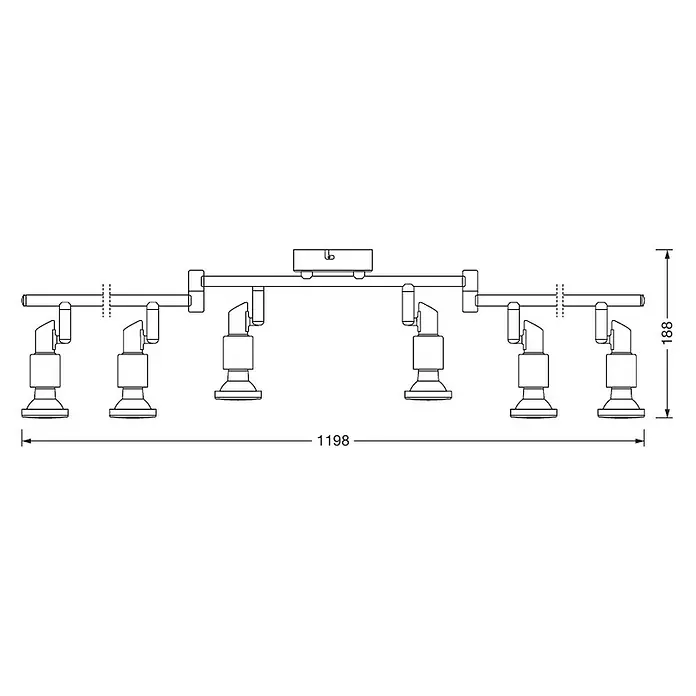 Osram LED-Deckenstrahler - 15,6 W, L x B x H: 1.190 x 80 x 170 mm, Nickel matt, Warmweiß, 6 Stk. - Zeichnung einer schwarzen, sechsflammigen Deckenleuchte mit den Maßen 1198 x 188 mm, ideal für moderne Innenräume.