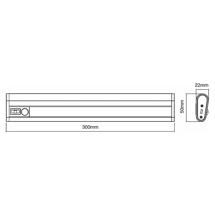 Ledvance LED-Unterbauleuchte - 1,4 W, Kaltweiß, Länge: 300 mm, Betriebsart: Batteriebetrieben - Produktabbildung einer LED-Unterbauleuchte mit den Maßen 300 mm Länge, 50 mm Höhe und 22 mm Breite.
