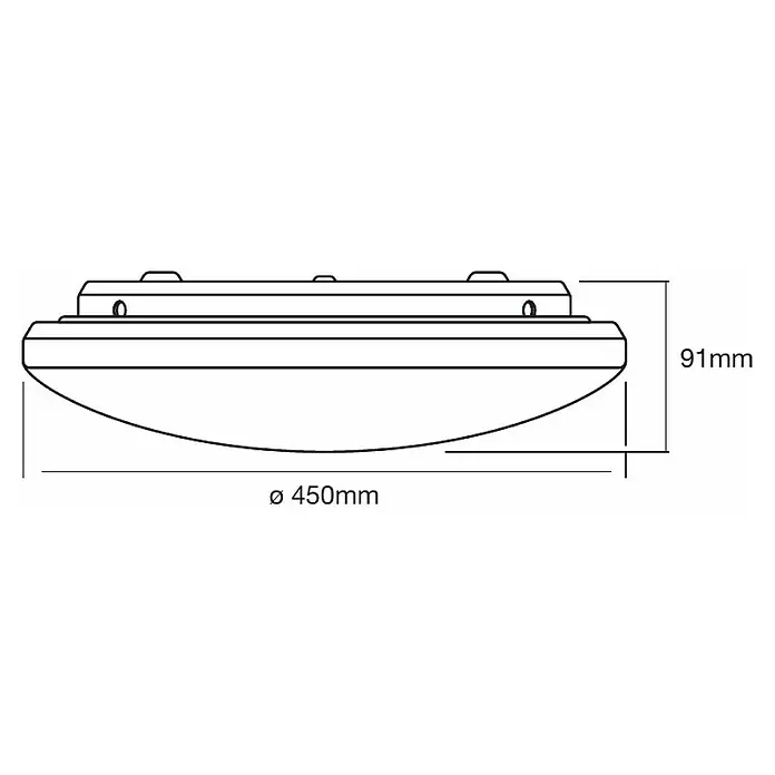 Ledvance Plafón LED para pared y techo Silara Sparkle - 24 W, Blanco cálido, Temperatura del color: 3.000 K - Diagrama esquemático de una lámpara de techo redonda con dimensiones de 450 mm de diámetro y 91 mm de altura.