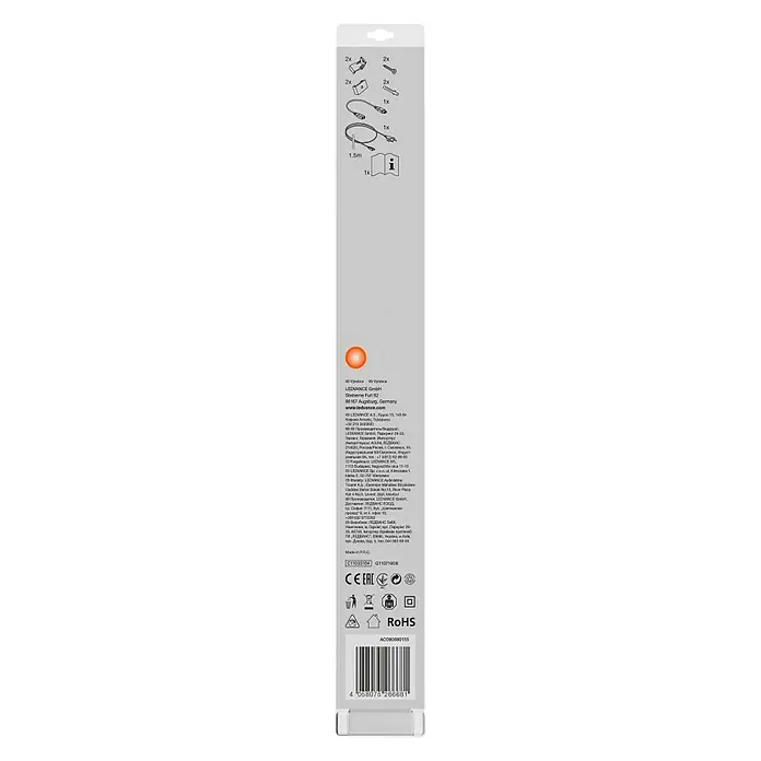 Ledvance LED-Lichtleiste Switch BattenL x B x H: 31,3 x 2,2 x 3 cm, Lichtfarbe: Warmweiß, 4 W - Produktverpackung einer LEDVANCE LED-Leuchte, die Installationshinweise und Zertifizierungen zeigt.
