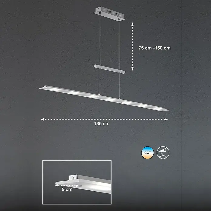 Fischer & Honsel LED-Pendelleuchte Largo - Warmweiß - Detailaufnahme einer modernen LED-Pendelleuchte in Silber mit Größenangaben, die die Länge und Höhe des Produkts hervorheben.