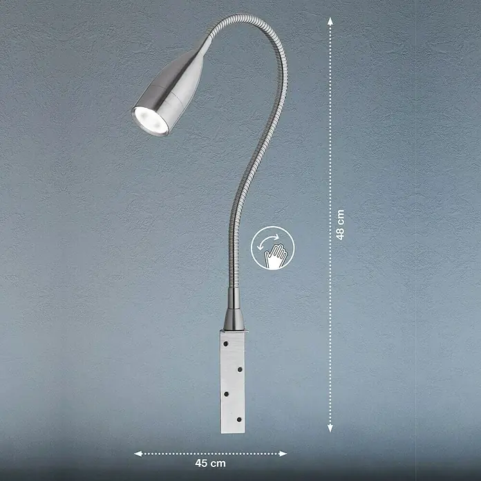 Fischer & Honsel LED-Wandleuchte Sten - 5 W, L x B x H: 45 x 3 x 48 cm, Nickel matt, Warmweiß - Nahaufnahme einer silbernen Leselampe mit flexibel verstellbarem Arm zur individuellen Ausrichtung.