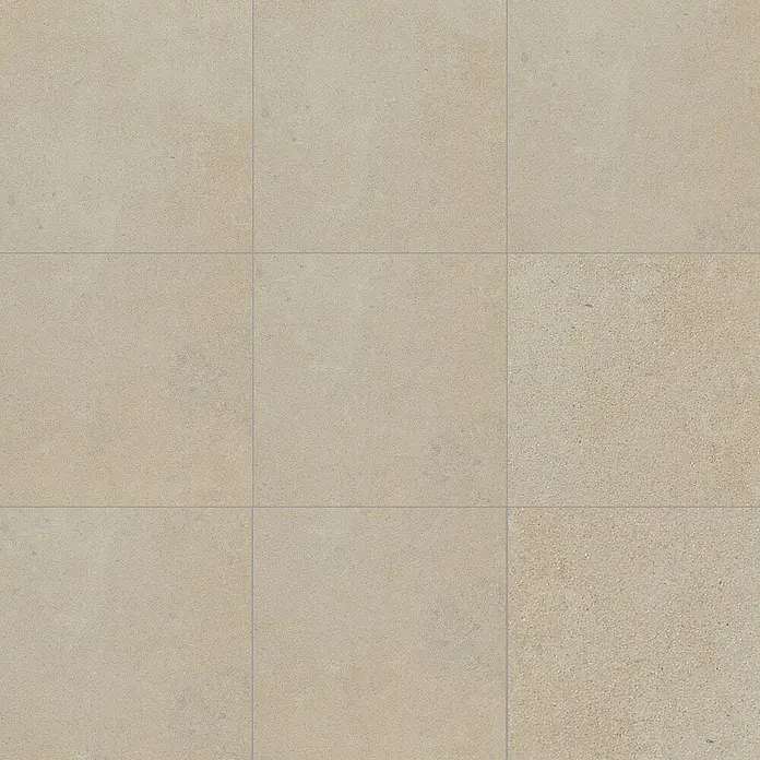 Art-Tec by Palazzo Terrassenfliese - 60 x 60 x 2 cm, Creme, Matt - Nahaufnahme von beigen quadratischen Bodenfliesen, die ein schlichtes, modernes Muster bilden. Ideal für Innenräume.