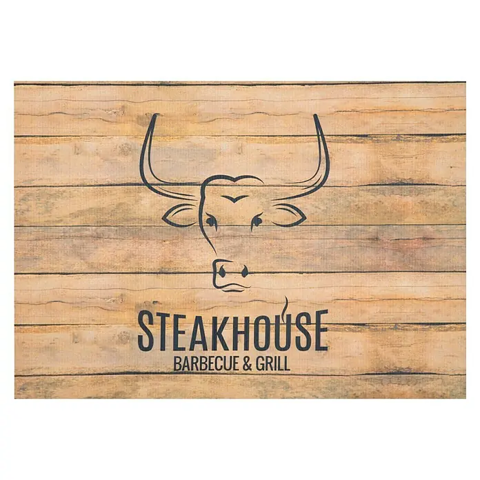 Bodenschutzmatte - L x B: 120 x 75 cm, Steakhouse Planken - Steakhouse Barbecue & Grill Schild mit Stierkopf-Logo auf rustikalem Holz für ein gemütliches Ambiente.