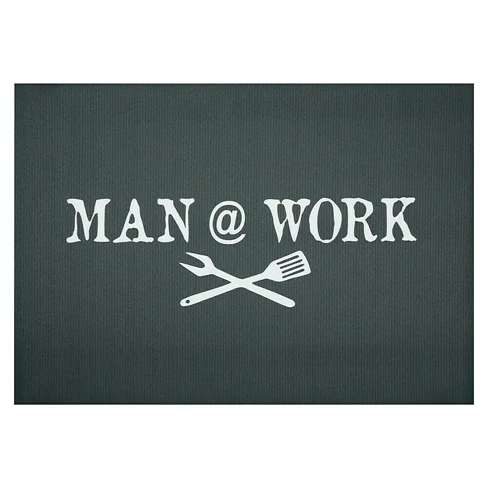 Bodenschutzmatte - L x B: 120 x 75 cm, Man @ Work - Grauer "Man at Work" Grillmatte, mit gekreuzten Grillwerkzeugen darunter, ein tolles Geschenk für jeden Grillmeister.