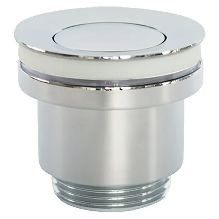 Tecnoagua Válvula click clack T-304N - 1¼'', Cromo - Primer plano de un desagüe de lavabo cromado con función emergente, perfecto para accesorios de baño modernos y fácil instalación.