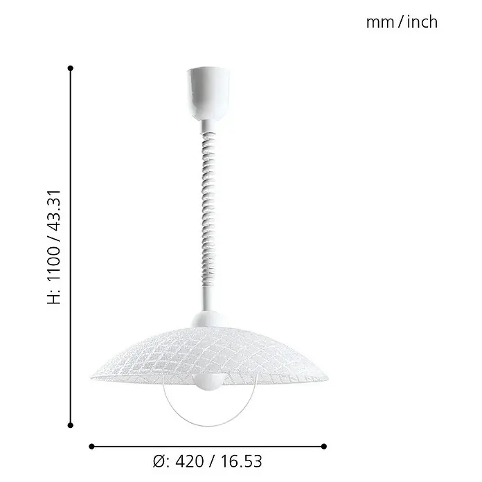 Eglo Pendelleuchte Alvez - Höhe: 110 cm - Bild einer weißen Pendelleuchte mit Abmessungen: Höhe 1100 mm/43,31 Zoll, Durchmesser 420 mm/16,53 Zoll.