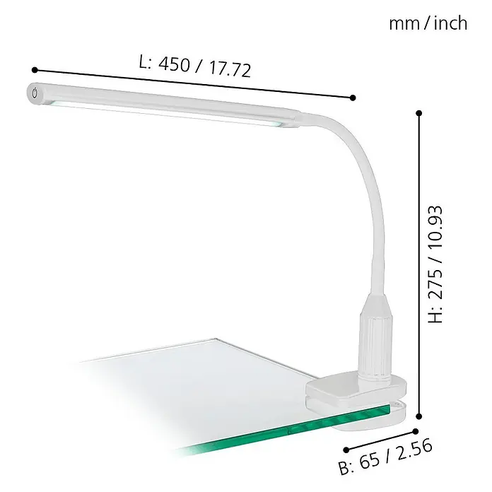 Eglo LED-Klemmleuchte Laroa - L x B x H: 45 x 6,5 x 27,5 cm - Produktbild einer Schreibtischlampe mit den Maßen Länge 450 mm, Breite 65 mm und Höhe 275 mm.