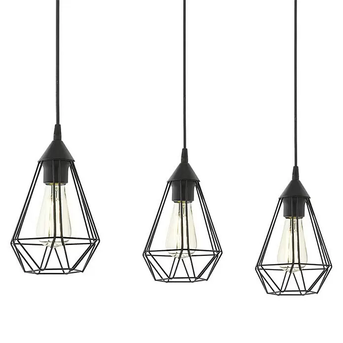 Eglo Tarbes Pendelleuchte - Max. Systemleistung: 180 W, Höhe: 110 cm, E27, Farbe Gehäuse: Schwarz - Drei schwarze Pendelleuchten aus Metallgitter mit sichtbaren Edison-Glühbirnen, vertikal hängend.