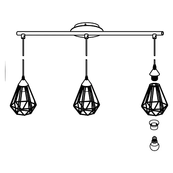 Eglo Tarbes Pendelleuchte - Max. Systemleistung: 180 W, Höhe: 110 cm, E27, Farbe Gehäuse: Schwarz - Abbildung einer dreiflammigen Pendelleuchte mit geometrischen Lampenschirmen und Deckenbefestigung.