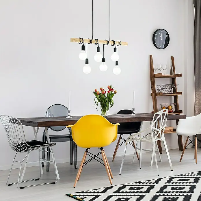 Eglo Townshend Lámpara colgante - An x Al: 10 x 110 cm, Negro, 360 W - Lámpara de comedor moderna con seis bombillas colgando de una barra de madera. El diseño añade un ambiente cálido y acogedor al espacio.