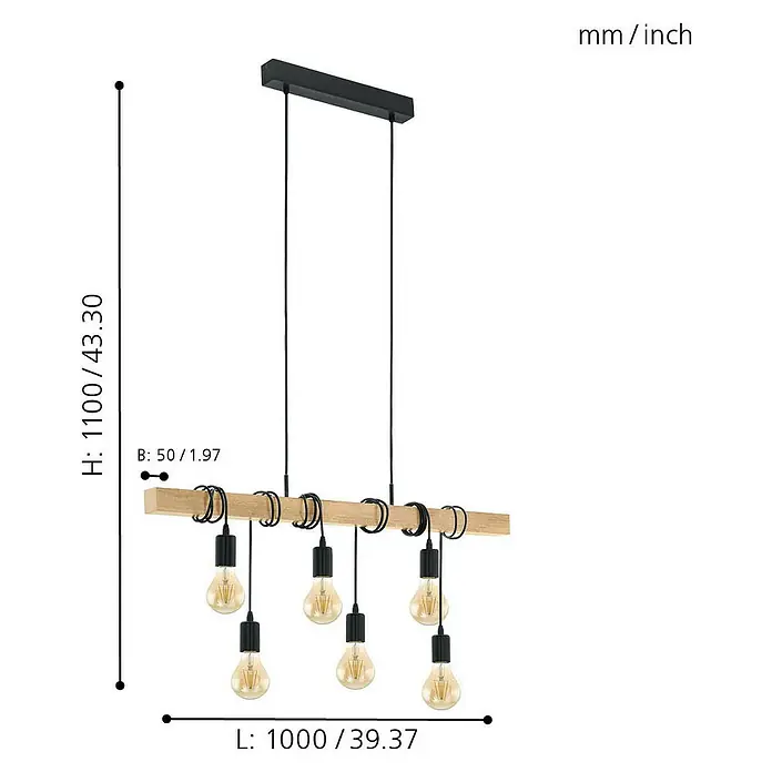 Eglo Townshend Pendelleuchte - B x H: 10 x 110 cm, Schwarz/Braun, 360 W - Abbildung einer modernen Hängelampe mit sechs Edison-Glühbirnen und Holzdetails, inklusive Maßangaben in mm und Zoll.