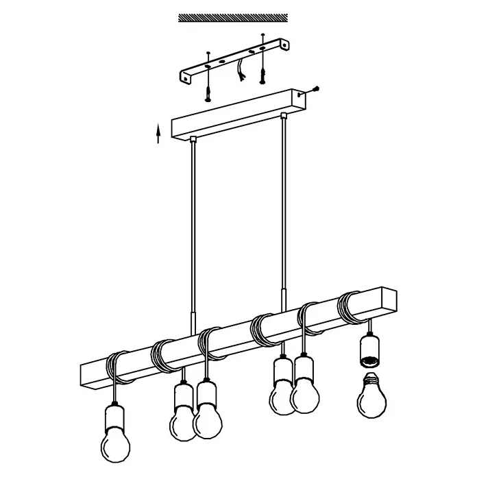 Eglo Townshend Pendelleuchte - B x H: 10 x 110 cm, Schwarz/Braun, 360 W - Illustration einer linearen Pendelleuchte mit mehreren Glühbirnen, die von einer Holzstange hängen.