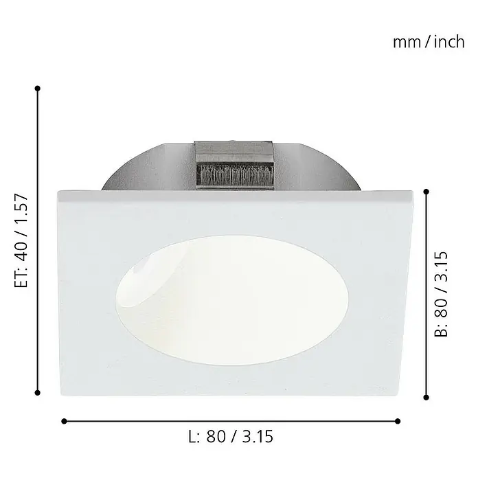 Eglo Einbauleuchten-Set eckig Zarate - 2 W, L x B: 8 x 8 cm, Weiß - Produktbild einer quadratischen LED-Einbauleuchte mit abgerundeter Lichtaustrittsfläche und Maßangaben in mm und Zoll.