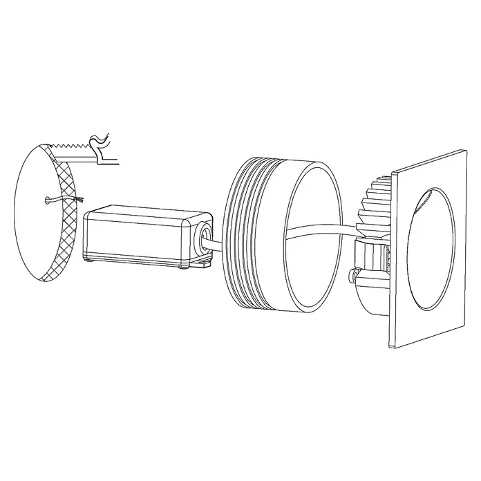 Eglo Einbauleuchten-Set eckig Zarate - 2 W, L x B: 8 x 8 cm, Weiß - Eine detaillierte Strichzeichnung einer runden LED-Deckenleuchte mit Treiber und Anschlussdose, die eine moderne Beleuchtungslösung darstellt.