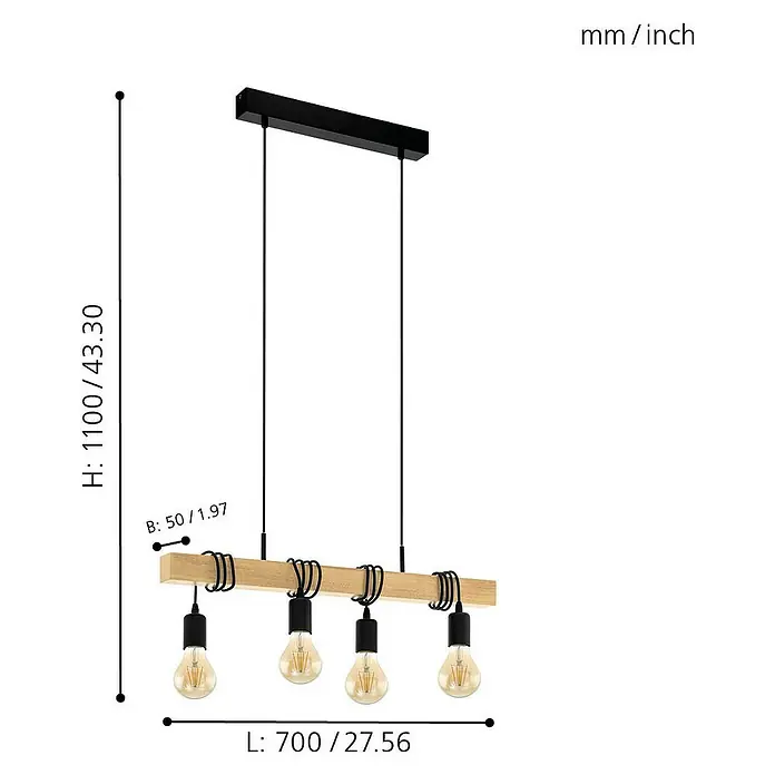 Eglo Townshend Pendelleuchte - B x H: 10,5 x 110 cm, Schwarz, Braun, 240 W - Abbildung einer Pendelleuchte mit vier Glühbirnen, hängend an einer Holzleiste, mit Maßangaben für Höhe, Breite und Länge.