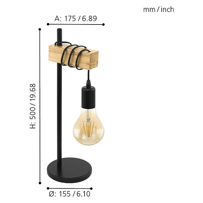 Eglo Townshend Tischleuchte - 10 W, L x B x H: 17,5 x 15,5 x 50 cm, Schwarz, Braun, E27 - Nahaufnahme der Tischleuchte mit Holzdetail und Glühbirne, Maße sind angegeben.