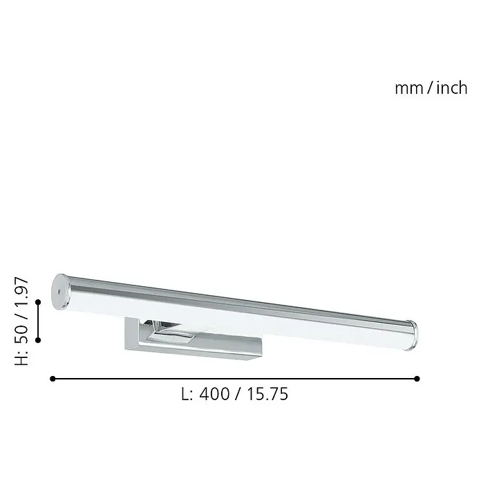 Eglo LED-Spiegelleuchte Vadumi - 7,4 W, L x B x H: 40 x 12,5 x 5 cm, Chron, Weiß, Neutralweiß - Darstellung einer stilvollen Chrom-Wandleuchte mit präzisen Maßangaben in Millimetern und Zoll für den modernen Wohnraum.