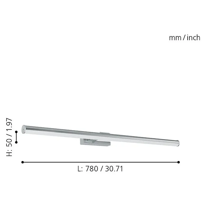 Eglo LED-Spiegelleuchte Vadumi - 14 W, L x B x H: 78 x 12,5 x 5 cm, Chrom, Neutralweiß - Abbildung einer Wandleuchte mit den Maßen 780/30,71 in der Länge und 50/1,97 in der Höhe.